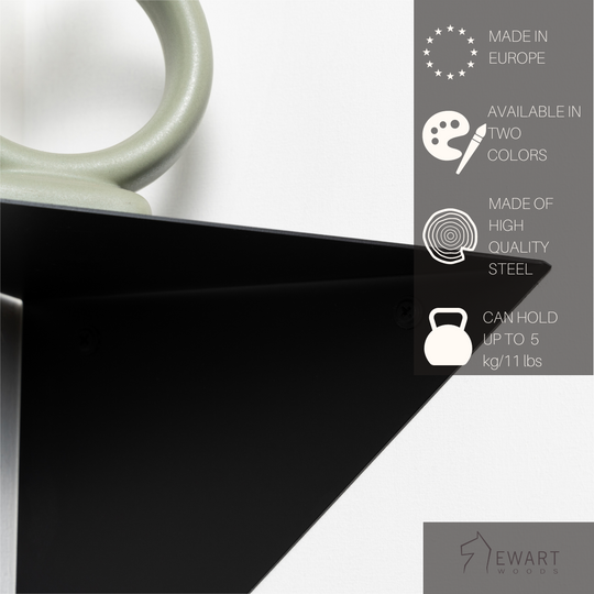 closeup of metal corner plant shelf indoors with EWART WOODS technical information on one side