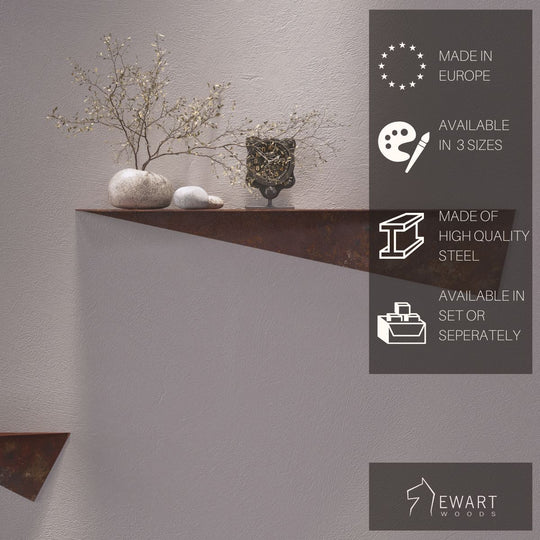 Rustic metal decor shelf with an angular design, featuring a decorative plant, smooth stones, and a black statue. Overlaid text highlights the product&