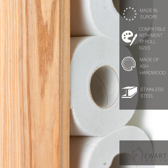 Close-up of ashwood toilet paper holder with rolls, labeled as made in Europe, ash hardwood, and stainless steel, with Ewart Woods logo.