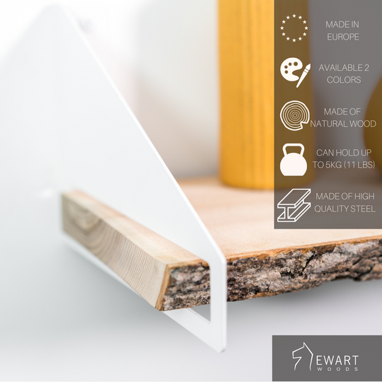 Close-up of wooden shelf with geometric metal brackets and tree bark along with manufacturer specifics