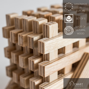 Close-up of a stacked set of five handmade wooden coasters with a lattice design, highlighting the natural wood texture. The product is made in Europe from natural wood, emphasizing craftsmanship and sustainability.