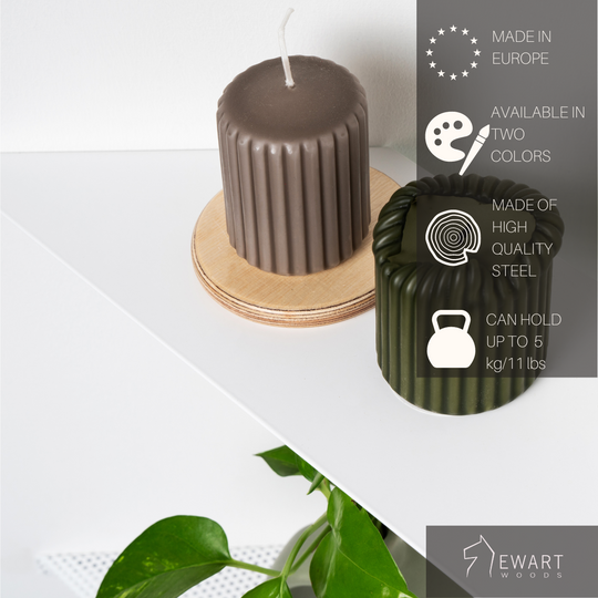 close up of the white corner metal shelf with candles on the shelf white background product information on the side