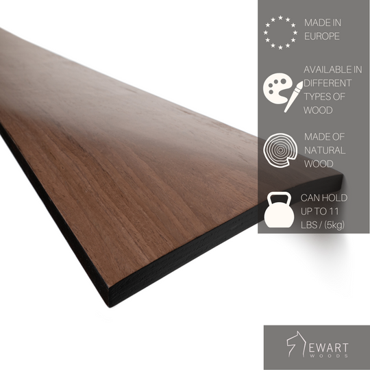 Close-up of a dark wood shelf with a tapered edge. Text indicates it&