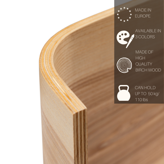 Close-up for indoor plant stand crafted from high-quality birch wood, showcasing its layered construction and smooth, rounded edges. The stand is made in Europe, available in 3 colors, and can support up to 50 kg (110 lbs).