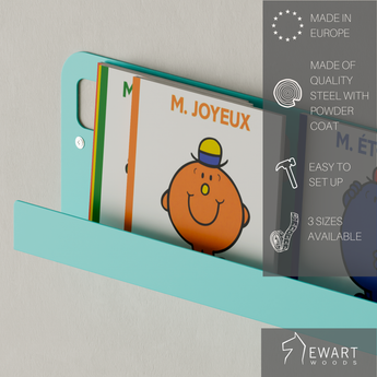 Children's wall mounted metal bus shape bookshelf in turquoise color