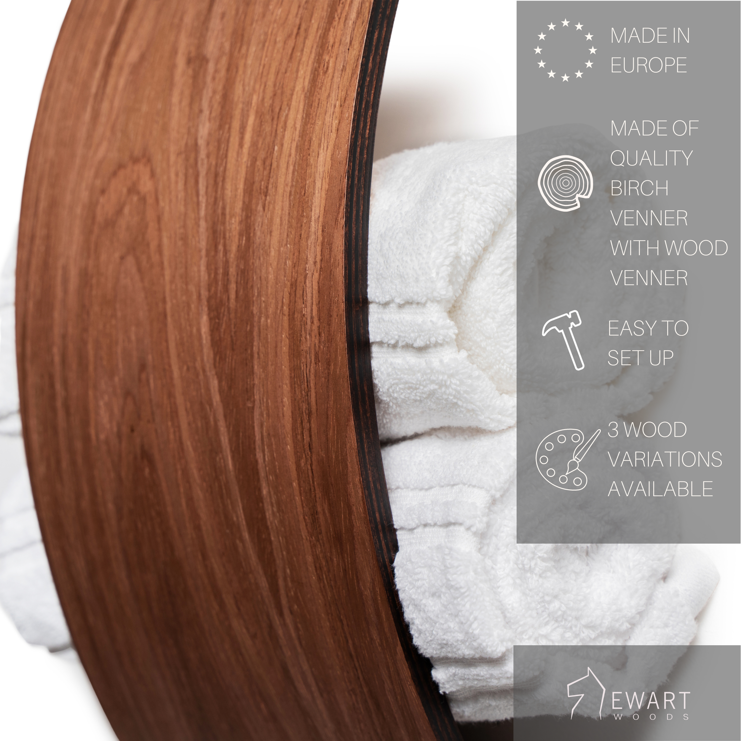 Close-up of wooden bathroom towel holder with manufacturer specifics 