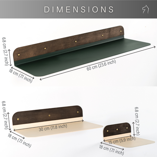 Dimensions for set of three metal shelves with golden screws and wooden design