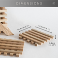 Dimensions of wooden coasters displayed: 10.5 cm on each side and 1.2 cm in thickness. The coasters, part of a set, are handmade with a natural wooden lattice design, highlighting their compact size and craftsmanship.