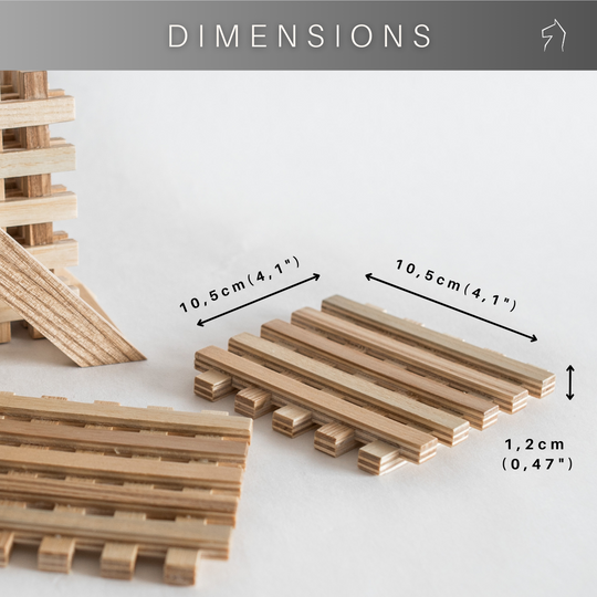 Dimensions of wooden coasters displayed: 10.5 cm on each side and 1.2 cm in thickness. The coasters, part of a set, are handmade with a natural wooden lattice design, highlighting their compact size and craftsmanship.
