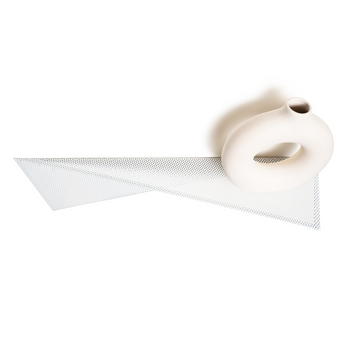 Perforated metal wall shelf with a triangular design, paired with a round white ceramic vase. A functional and stylish addition to any space.