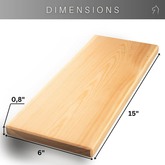 Natural wood floating shelf measuring 15 inches long, 6 inches wide, and 0.8 inches thick. The shelf has a sleek design with rounded edges and a prominent wood grain texture.