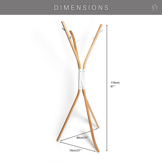Dimensions for wooden free standing coat  rack with black or white metal middle conjunction part