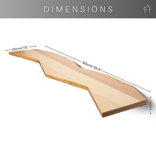 Wooden shelf with a unique zigzag design, showing dimensions: 90 cm (35.4 inches) long, 20 cm (7.9 inches) wide, and 1.6 cm (0.6 inches) thick.