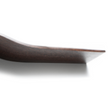 Close-up of a dark wooden shelf with a sleek, curved middle, set against a white background. The smooth finish of the wood and the visible grain emphasize the shelf&