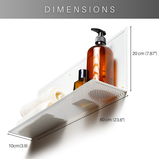 Perforated metal wall shelf with dimensions of 60 cm (23.6”) width, 20 cm (7.87”) height, and 10 cm (3.9”) depth, ideal for organizing bottles and towels in a minimalist and functional style.