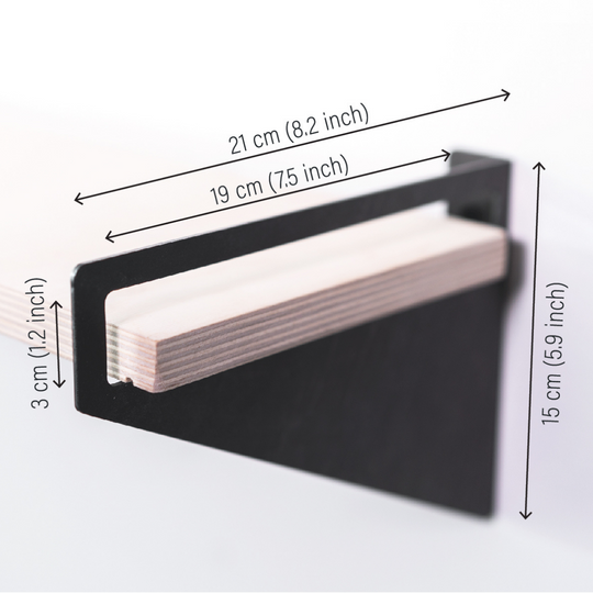 Dimensions for wooden shelf with geometric metal brackets