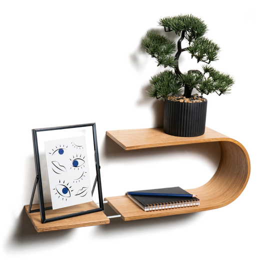 Adjustable wooden wave shaped floating shelf sculptural style with functionality