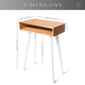 Dimensions for rectangular wooden nightstand with brass design and white wooden legs 