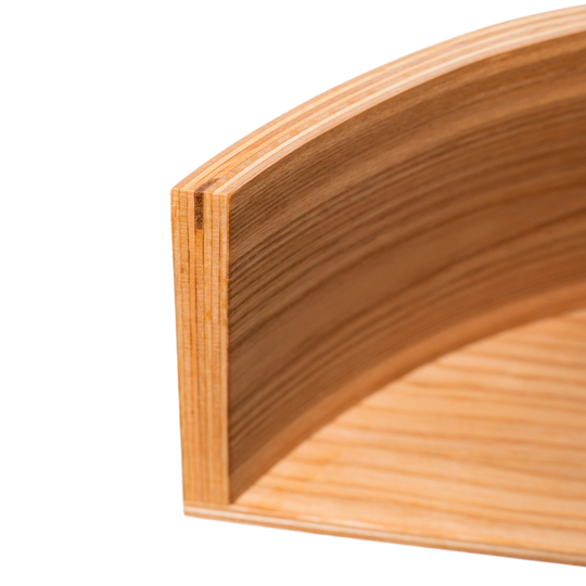 Floating wall shelf wooden half circle close-up of curved joint and fine grain detail