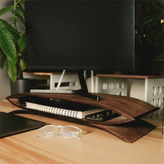 Wooden monitor stand for desk with compartment for storing items