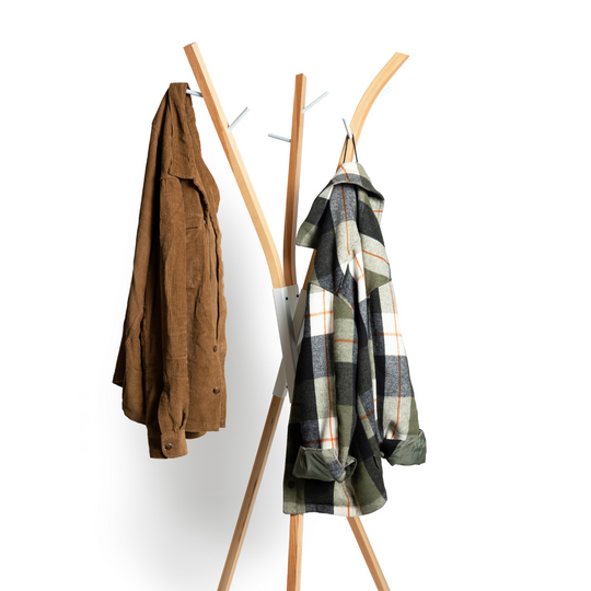 Wooden free standing coat rack with black or white metal conjunction part