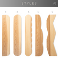 Image displaying five different wooden shelf styles, each with a distinct edge design. The styles are labeled from 1 to 5