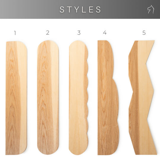 Image displaying five different wooden shelf styles, each with a distinct edge design. The styles are labeled from 1 to 5