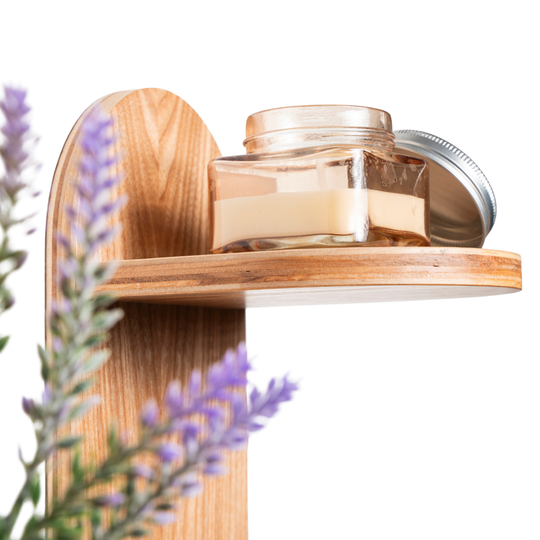 Close-up of wooden circular shape shelf for displaying decor 