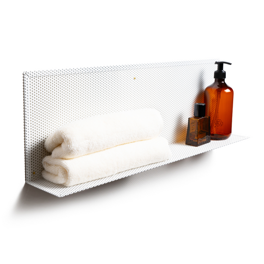 Functional perforated metal wall decor, perfect for organizing towels and bottles with a minimalist and durable design.