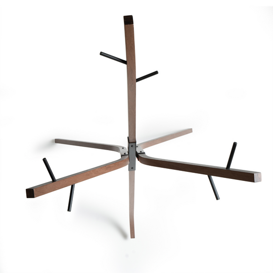Above look of the wooden free standing coat rack with metal conjunction part in the middle