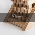 Handmade wooden coasters with a pyramid-shaped holder, showcasing a simple, natural wood design.