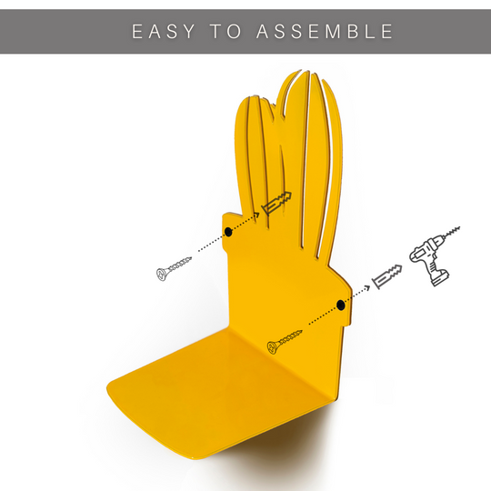 Durable yellow metal wall mount in a cactus design, featuring an easy installation guide with screw placement, displayed on a clean, white background.