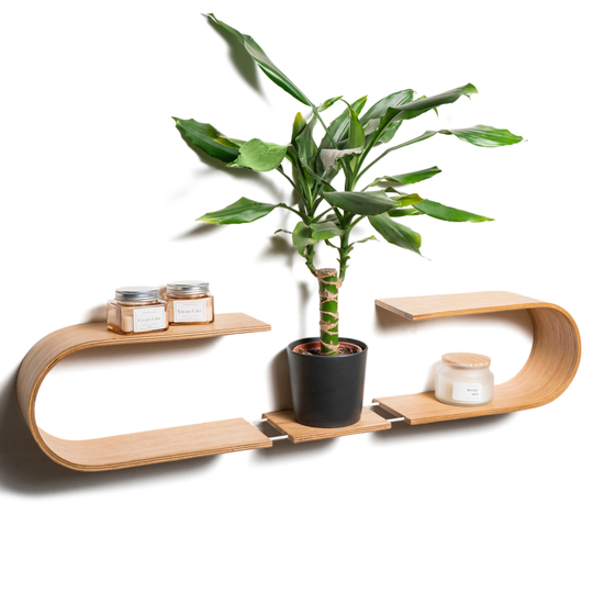 Unique wooden floating shelf with curved edges and adjustable middle section for decor or plants