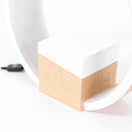 Close-up of wooden bedroom table lamp