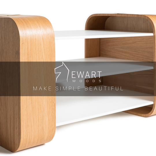 Wooden coffee table with white shelves and brass accent on top manufactured by EWART WOODS