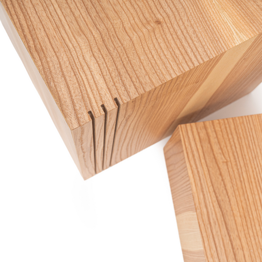 Wood cube plant stand different dimensions with visible vertical groove on one corner