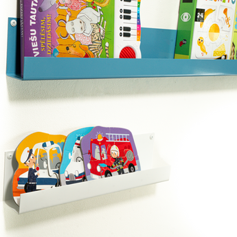 Close-up of different size children's wall mounted bookshelves in blue and white colors with white mounting screws