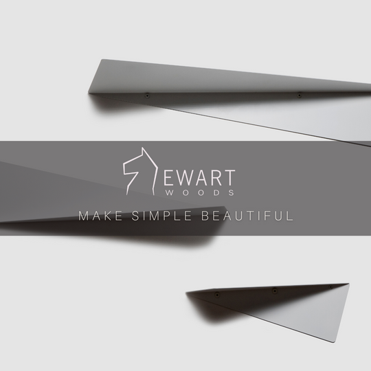 Set of triangular wall shelves in varying sizes, showcasing a sleek design with the EWART WOODS logo and slogan &