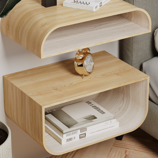 Floating nightstand set of 2 in ash color with white interior close-up
