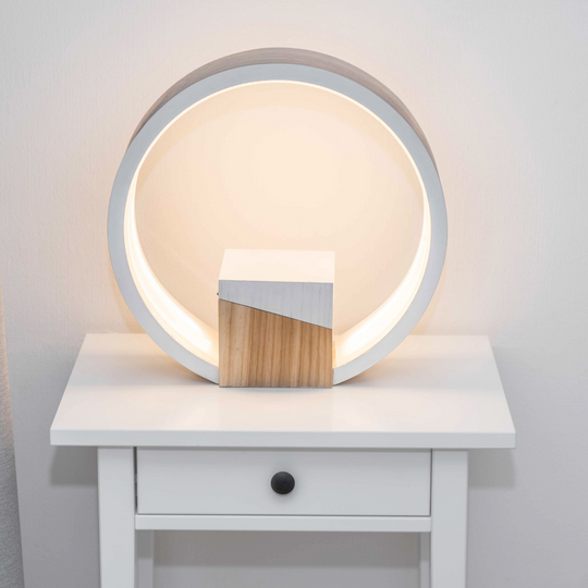 Front view of wooden bedroom desk lamp