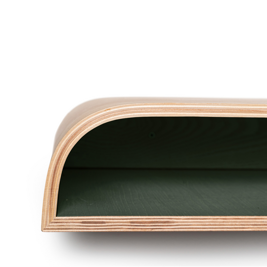 Floating nightstand with green interior and hidden mounting system