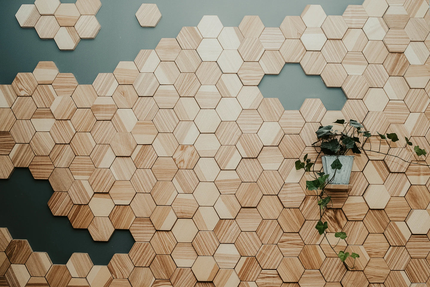 Wall-mounted wooden hexagon pieces for wall art