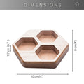 Hexagonal MDF organizer tray with three hexagon-shaped compartments, dimensions: 10 cm by 9 cm by 1.7 cm.