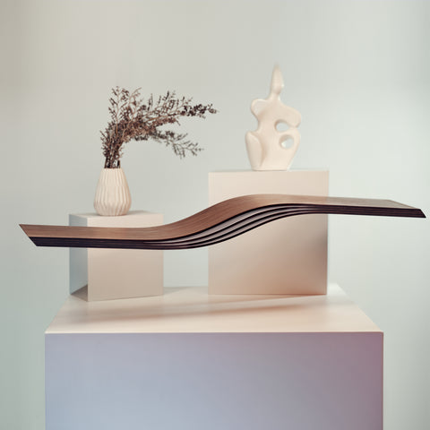 Wood curved floating wall shelf in walnut color with white interior 