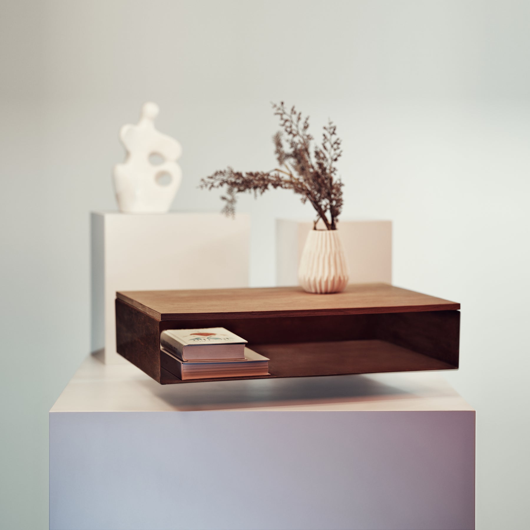 metal floating nightstand rusted design with walnut surface