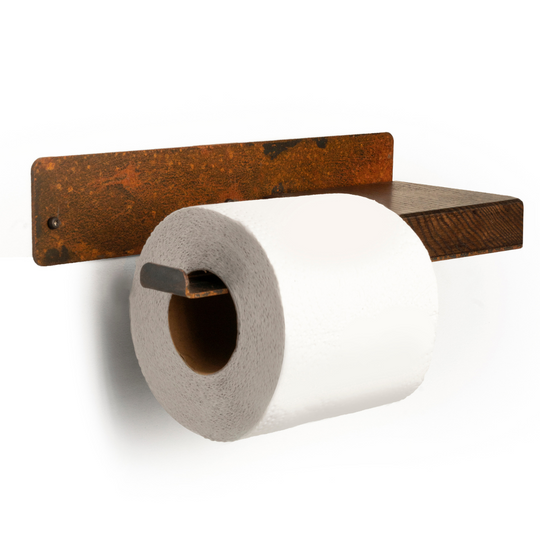 Rusted metal toilet paper holder with wooden shelf 