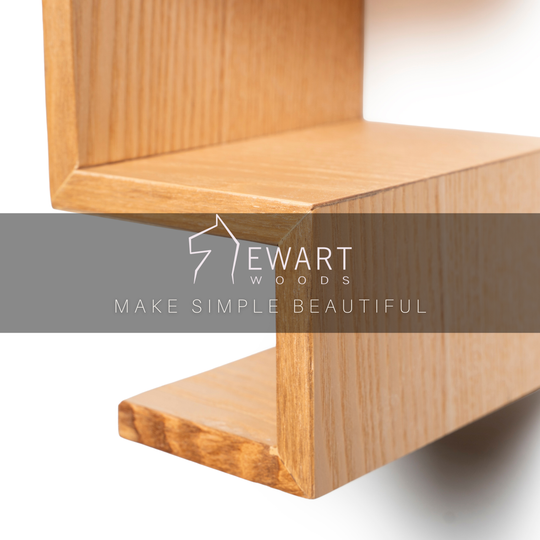 Close-up of small wooden lego shelf made  by EWART WOODS