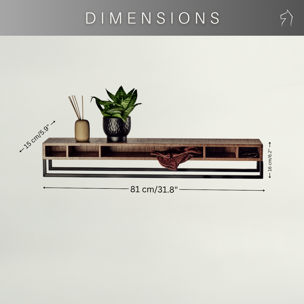 A wall-mounted console shelf with dimension callouts showing a width of 81 cm (31.8 inches) and a height of 30 cm (11.