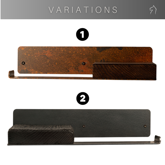 Toilet paper holder in rusted metal and burned wood variations 