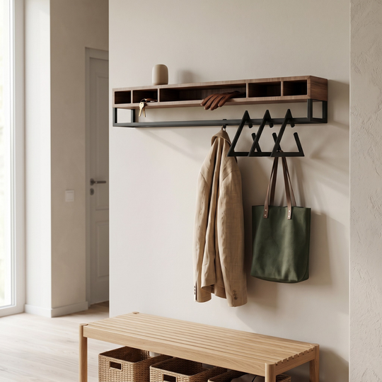 A wall-mounted entryway coat rack with a wooden shelf and black triangular hooks, shown in a bright hallway with a beige coat, green tote bag, and woven baskets below.